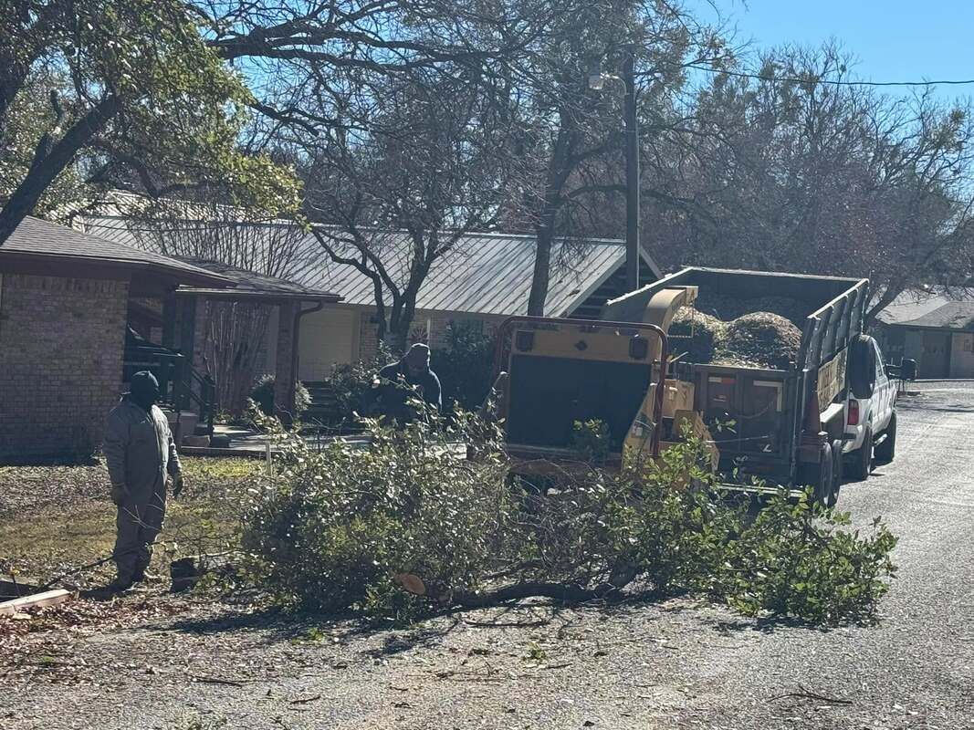 Two crew members feeding cut branches into a chipper beside a loaded dump truck on a residential street in front of a brick home